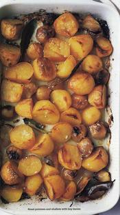 roast potatoes and shallots with bay leaves