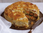 filo pie of rice with butternut squash, leeks and spinach